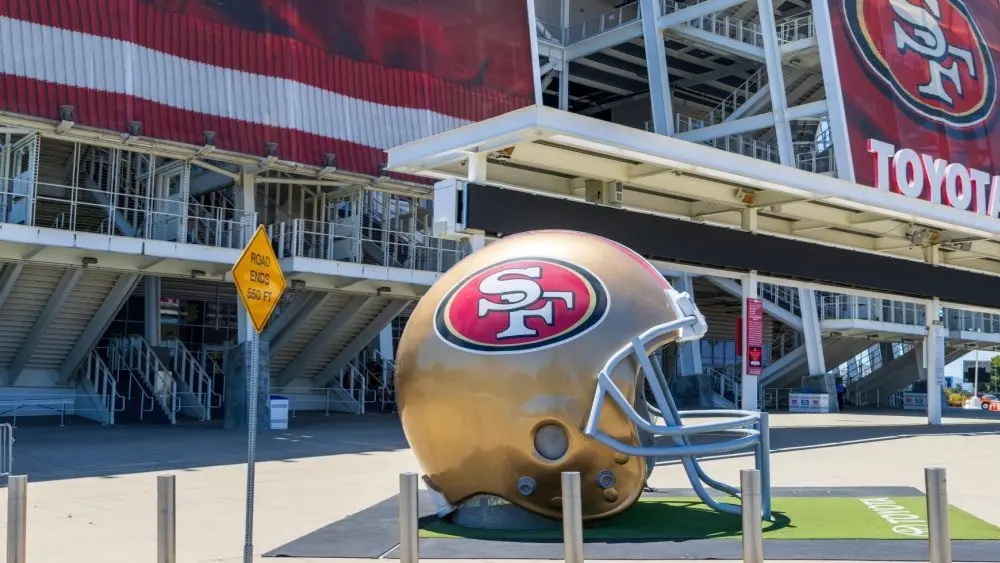 A giant helmet at Levi's Stadium the home of San Francisco 49ers NFL team in Santa Clara California USA Santa Clara California USA - 7 26 2025