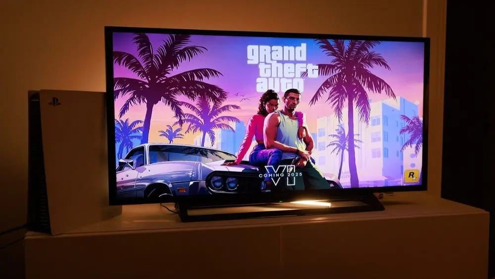 PlayStation 5. New Grand Theft Auto VI Sony PS5 console. Dualsense controller. Man holding joystick and ready to play upcoming GTA 6 game
