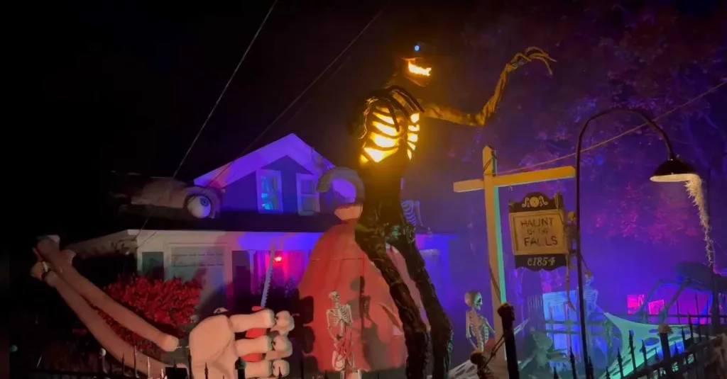 Man's Halloween display with massive skeleton goes viral | WBAL ...