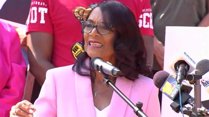 Sheila Dixon in a pink suit speaking at an event.