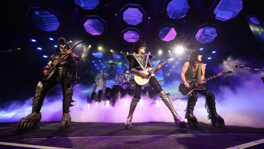 NEW YORK, NEW YORK - DECEMBER 02: Gene Simmons, Tommy Thayer and Paul Stanley of KISS perform during the final show of KISS: End of the Road World Tour at Madison Square Garden on December 02, 2023 in New York City. (Photo by Kevin Mazur/Getty Images for Live Nation)