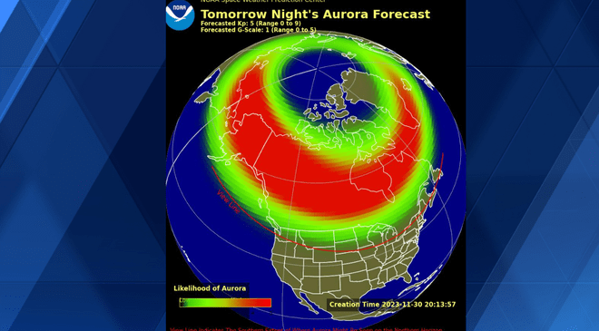 aurora borealis united states Hearst OwnedNOAA Forecast graphic model for the aurora borealis for Friday night. 