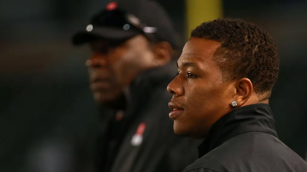 CARSON, CA - JANUARY 23: Running back coach Ray Rice of the National Team looks on from the sideline during the NFLPA Collegiate Bowl between the American Team and the National Team at StubHub Center on January 23, 2016 in Carson, California. The National Team defeated the American Team 18-17. (Photo by Victor Decolongon/Getty Images)