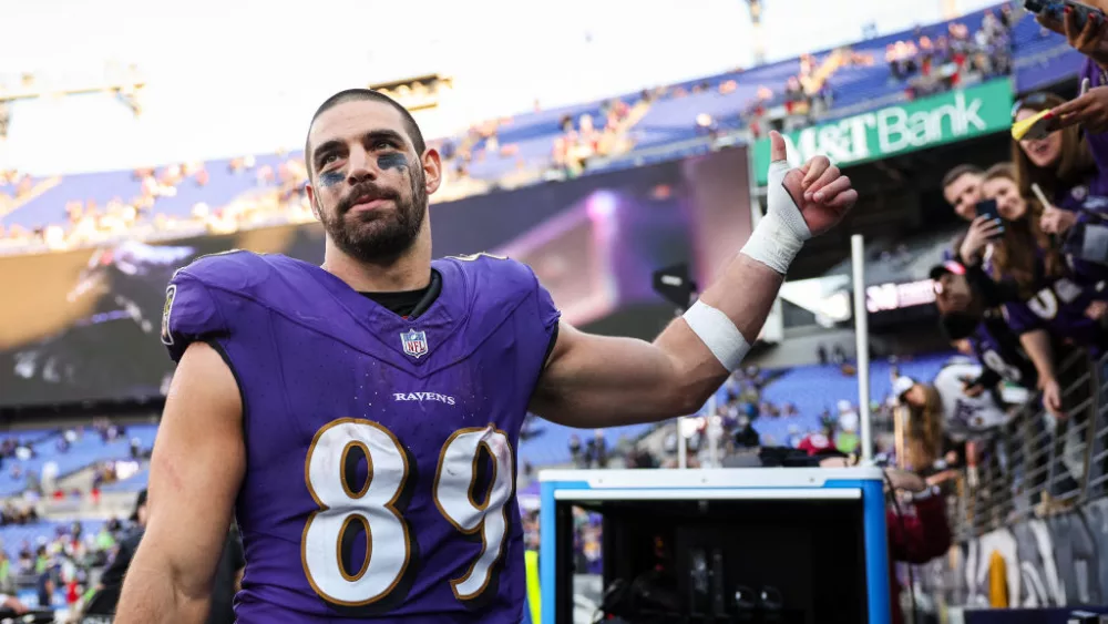 BALTIMORE, MD - NOVEMBER 05: Mark Andrews #89 of the Baltimore Ravens interacts with fans after the game against the Seattle Seahawks at M&T Bank Stadium on November 5, 2023 in Baltimore, Maryland. (Photo by Scott Taetsch/Getty Images)