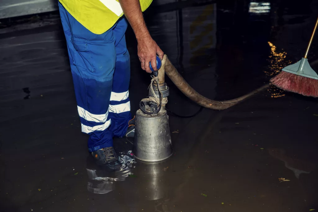 Emergency service pumping up the water in parking lot. It has been flooded after heavy summer rain.