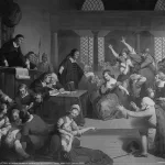 main-v03: This image provided by the Library of Congress shows the painting "Trial of George Jacobs of Salem for Witchcraft" in 1692 signed "T.H. Matteson, 1855." From the Salem witch trials to fears of the Illuminati to the Red Scare to QAnon, conspiracy theories have always served as dark counter programming to the American story taught in history books. (Tompkins Harrison Matteson/Library of Congress via AP)