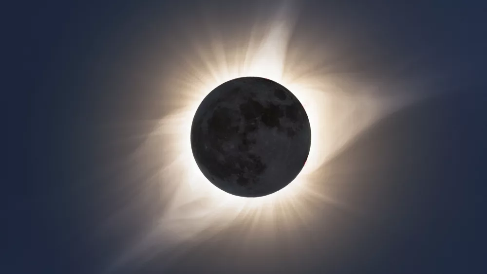 The great North American total eclipse. This is the moment when the sun's corona is visible at 100% totality. This is a hand blended high dynamic range image from six different images with the craters on the moon visible.