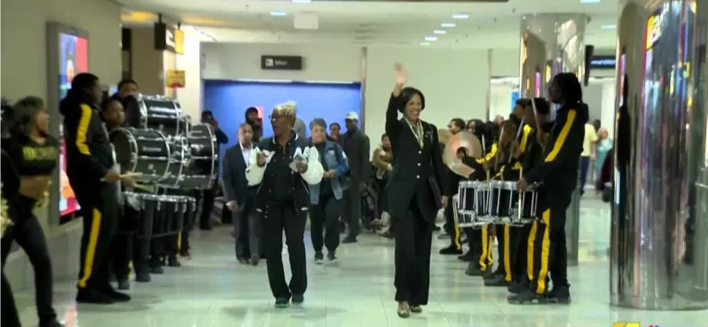 The Central Intercollegiate Athletic Association basketball tournament is less than a week away, and officials are arriving to fanfare. Baltimore-Washington International Thurgood Marshall Airport and Baltimore City leaders greeted CIAA commissioner Jacqie McWilliams-Parker with a pep rally upon her arrival. There to welcome her was BWI-Marshall CEO Ricky Smith, Bowie State University President Aminta Breaux, Visit Baltimore president and CEO Al Hutchinson and Bowie State's band and cheerleaders.