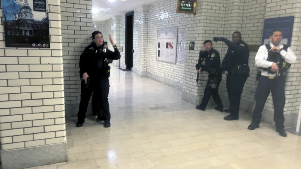 Police officers are seen during a lockdown of the Maryland State House in Annapolis, Md. on Thursday, Feb. 29, 2024. The building was locked down for an undisclosed security threat. (AP Photo/Brian Witte.)