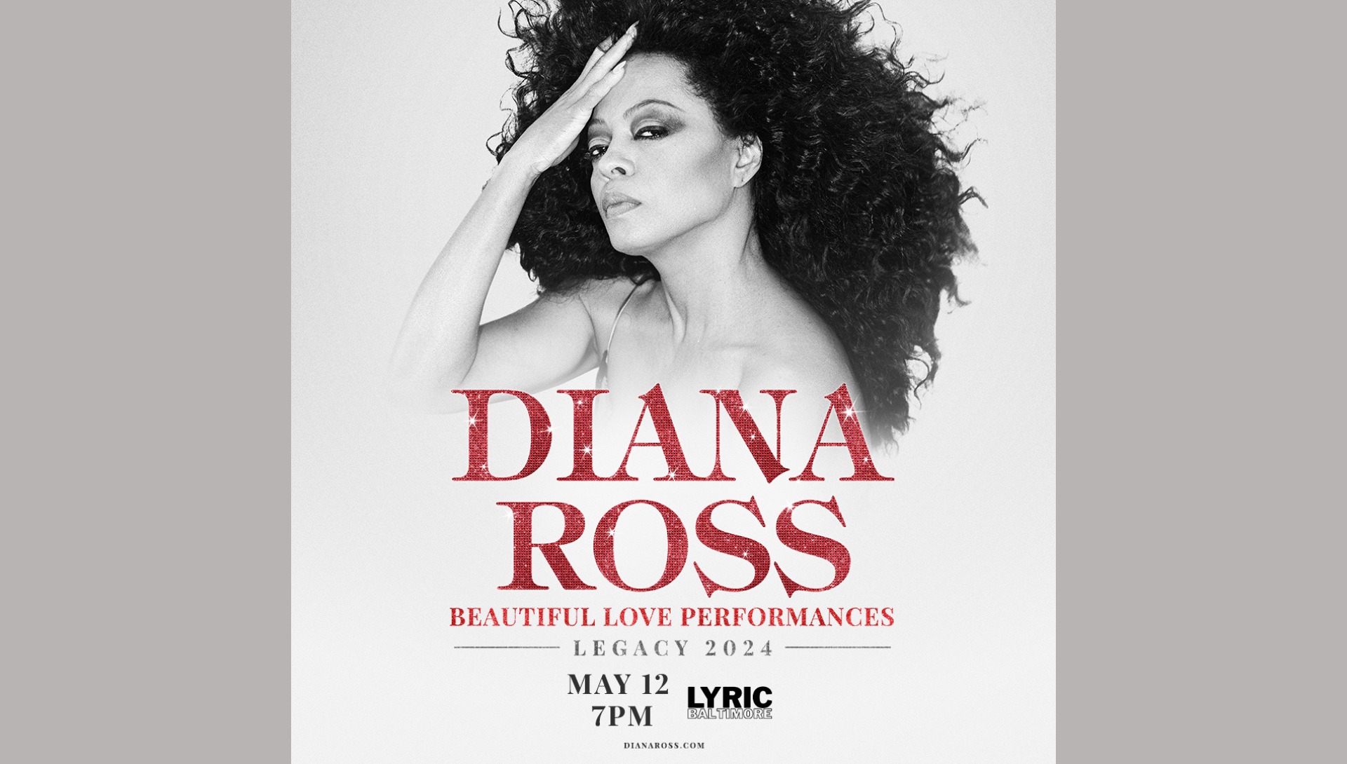 Legendary singer and actress DIANA ROSS will be performing her hits on her ‘Beautiful Love Performances: Legacy 2024 Tour’ to the LYRIC on Sunday, May 12 at 7pm. Tickets go on sale this Friday at Ticketmaster.com and at the Lyric Box Office. In 1993, Ross earned a Guinness World Record for having more hits than any other female artist on the charts with a career total of over 75 hit singles. Aside from the numerous awards Ross has won, she has also been inducted into the Rock & Roll Hall of Fame and the Songwriters Hall of Fa