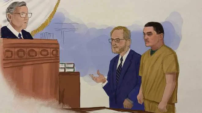 A sketch of Jack Teixeira, 21, of North Dighton, Massachusetts, during his initial appearance at the Moakley U.S. Courthouse in Boston on April 14, 2023.