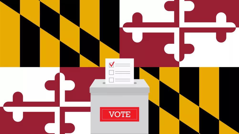 Presidential elections in Maryland state. State flag and ballot box voting set.
