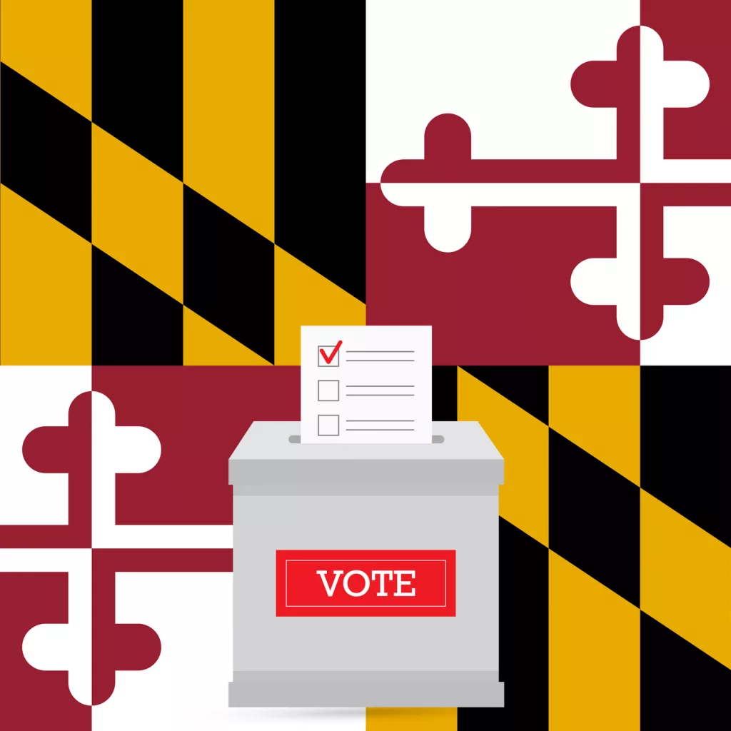 Presidential elections in Maryland state. State flag and ballot box voting set.