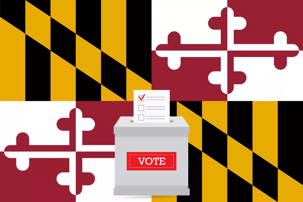 Presidential elections in Maryland state. State flag and ballot box voting set.