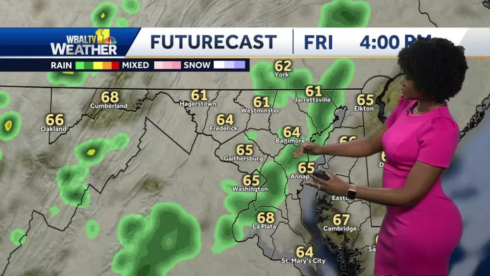 Meteorologist Dalencia Jenkins shows when scattered showers will move into Maryland on Friday.