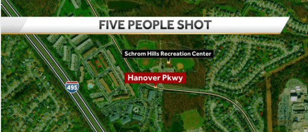 As many as five people who were part of a large gathering at a Greenbelt park were shot Friday afternoon, police said. Greenbelt police said at least 500 young adults were gathered in the Bowie area on "senior skip day" and were told to disperse. Much of the group moved to a park in the 6900 block of Hanover Parkway in Greenbelt. Police said officers were monitoring, but no illegal activity was going on before officers heard gunshots. Five people were shot, including two juveniles and three adults. Police said the adults may have been 18-year-olds.