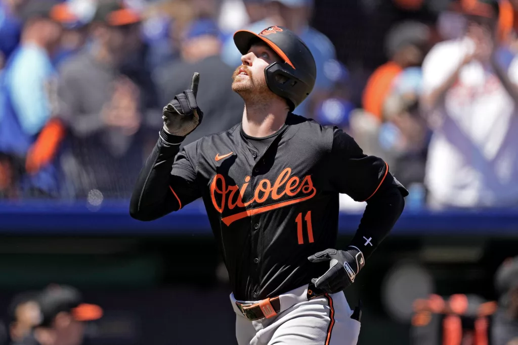 Baltimore Orioles' Jordan Westburg celebrates as he crosses the plate after hitting a solo home run during the third inning of a baseball game against the Kansas City Royals Sunday, April 21, 2024, in Kansas City, Mo. (AP Photo/Charlie Riedel)