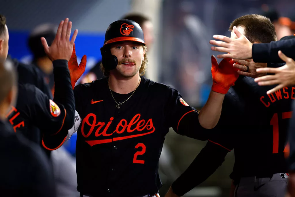 ANAHEIM, CALIFORNIA - APRIL 23: Gunnar Henderson #2 of the Baltimore Orioles celebrates a home run against the Los Angeles Angels in the seventh inning at Angel Stadium of Anaheim on April 23, 2024 in Anaheim, California. (Photo by Ronald Martinez/Getty Images)
