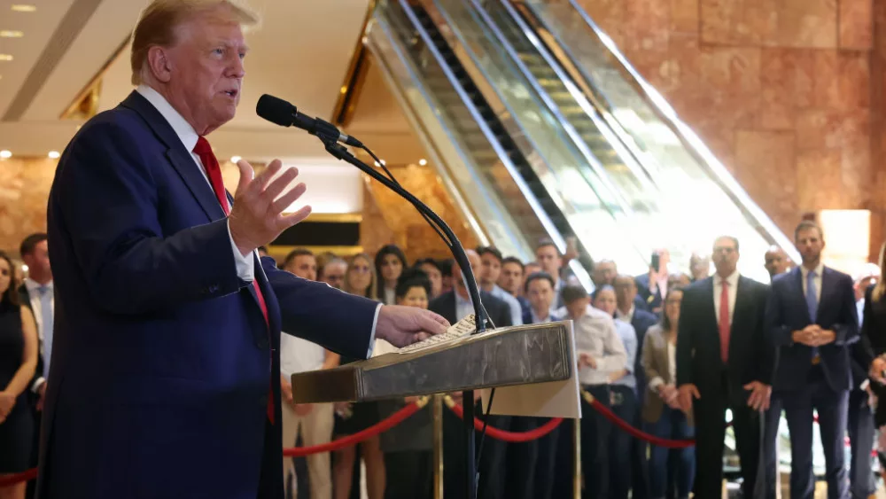 NEW YORK, NEW YORK - MAY 31: Former U.S. President Donald Trump speaks at a news conference at Trump Tower following the verdict in his hush-money trial at Trump Tower on May 31, 2024 in New York City. A New York jury found Trump guilty Thursday of all 34 charges of covering up a $130,000 hush money payment to adult film star Stormy Daniels to keep her story of their alleged affair from being published during the 2016 presidential election. Trump is the first former U.S. president to be convicted of crimes.