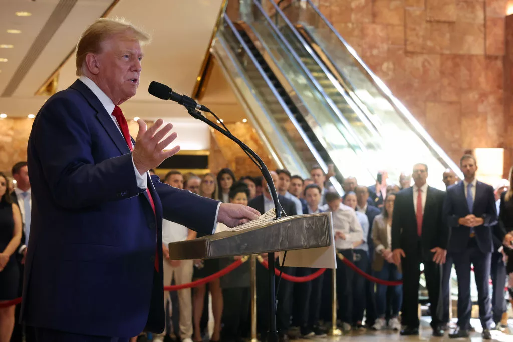 NEW YORK, NEW YORK - MAY 31: Former U.S. President Donald Trump speaks at a news conference at Trump Tower following the verdict in his hush-money trial at Trump Tower on May 31, 2024 in New York City. A New York jury found Trump guilty Thursday of all 34 charges of covering up a $130,000 hush money payment to adult film star Stormy Daniels to keep her story of their alleged affair from being published during the 2016 presidential election. Trump is the first former U.S. president to be convicted of crimes.