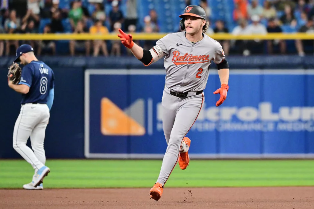 Gunnar Henderson #2 of the Baltimore Orioles runs the bases after hitting a home run in the first inning