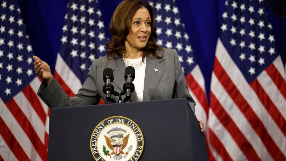 COLLEGE PARK, MARYLAND - JUNE 24: U.S. Vice President Kamala Harris delivers remarks on reproductive rights at Ritchie Coliseum on the campus of the University of Maryland on June 24, 2024 in College Park, Maryland. Harris is speaking on the two year anniversary of the Dobbs decision, the Supreme Court ruling that overturned Roe v. Wade and struck down federal abortion protections. (Photo by Kevin Dietsch/Getty Images)