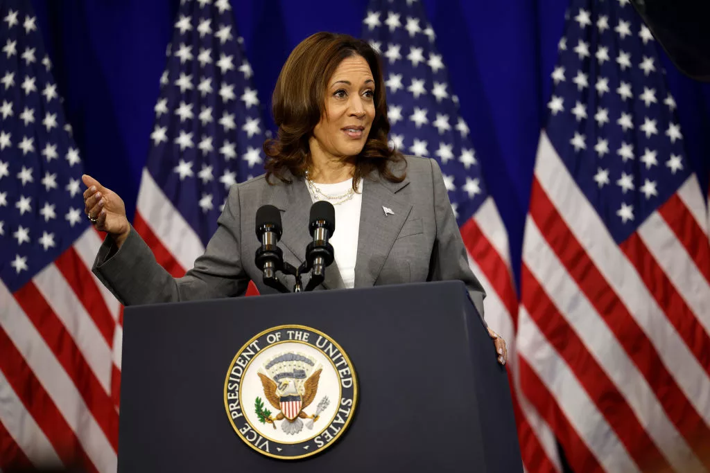 COLLEGE PARK, MARYLAND - JUNE 24: U.S. Vice President Kamala Harris delivers remarks on reproductive rights at Ritchie Coliseum on the campus of the University of Maryland on June 24, 2024 in College Park, Maryland. Harris is speaking on the two year anniversary of the Dobbs decision, the Supreme Court ruling that overturned Roe v. Wade and struck down federal abortion protections. (Photo by Kevin Dietsch/Getty Images)