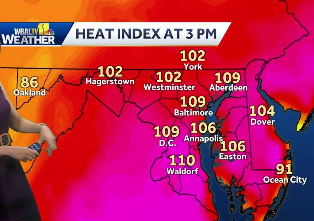 Meteorologist Ava Marie explains how the heat index will make it feel like it's around 110 degrees Friday in Maryland with actual temperatures in the upper 90s.