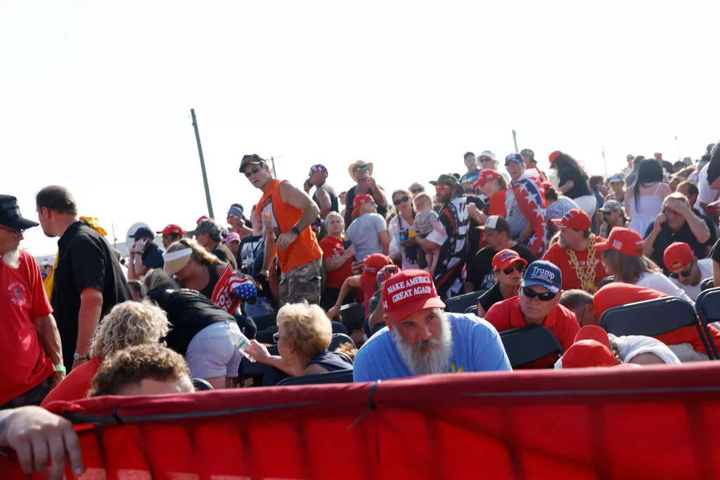 The crowd reacts after shots were fired at Republican presidential candidate former President Donald Trump