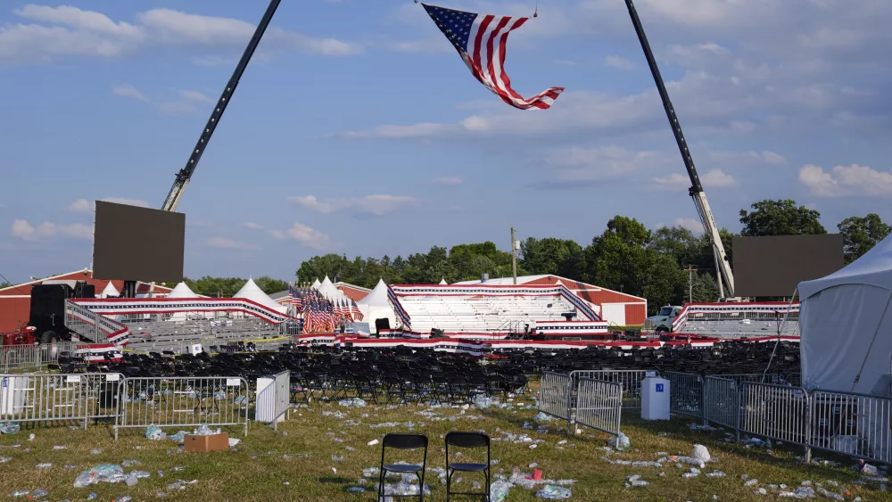 A campaign rally site for Republican presidential candidate former President Donald Trump is empty and littered with debris Saturday, July 13, 2024, in Butler, Pa. (AP Photo/Evan Vucci)