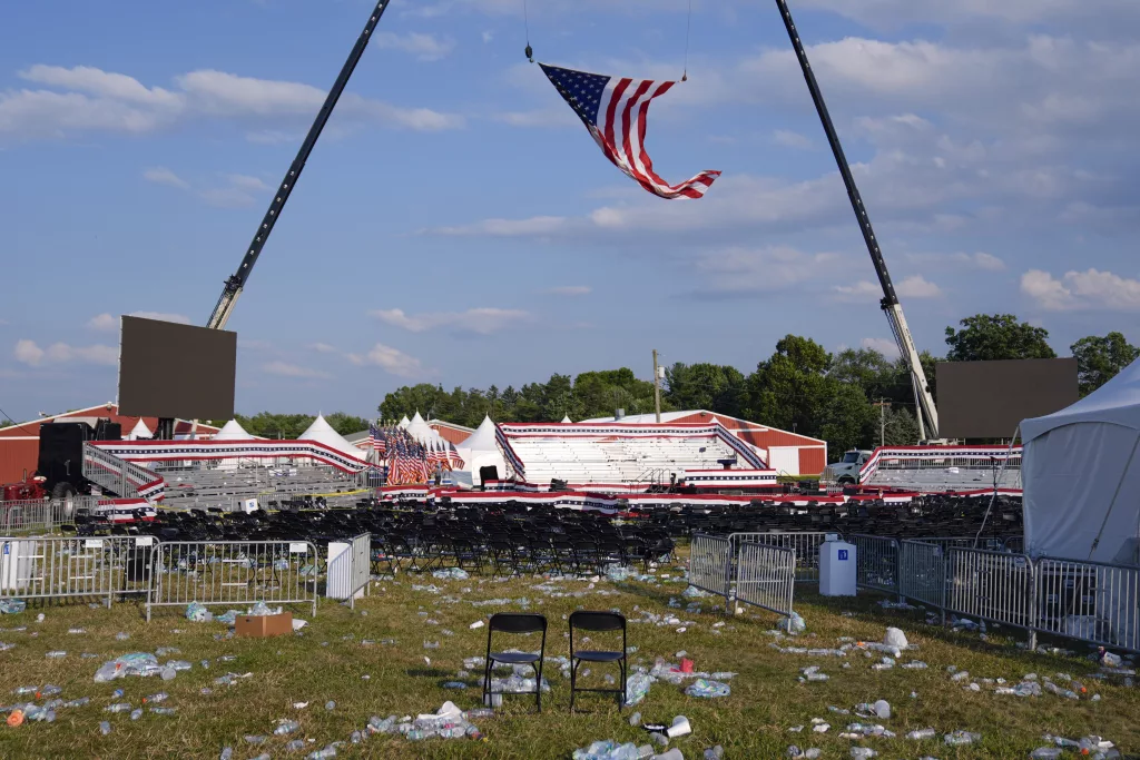 A campaign rally site for Republican presidential candidate former President Donald Trump is empty and littered with debris Saturday, July 13, 2024, in Butler, Pa. (AP Photo/Evan Vucci)