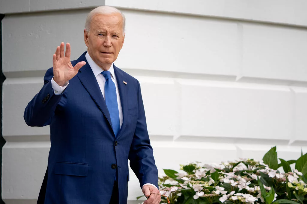 WASHINGTON, DC - MAY 8: U.S. President Joe Biden waves as he walks to Marine One on the South Lawn of the White House on May 8, 2024 in Washington, DC, for a short trip to Andrews Air Force Base, Maryland. Biden is traveling to Wisconsin and Illinois today for campaign events. (Photo by Andrew Harnik/Getty Images)