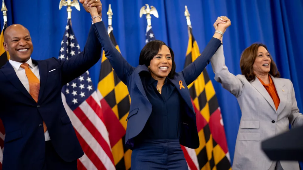 LANDOVER, MARYLAND - JUNE 7: (L-R) Maryland Gov. Wes Moore, Maryland Democratic candidate for U.S. Senate and Prince George's County Executive Angela Alsobrooks, and U.S. Vice President Kamala Harris stand on stage together after speaking at a campaign event on Gun Violence Awareness Day at Kentland Community Center on June 7, 2024 in Landover, Maryland. After winning a hard fought Democratic primary, Alsobrooks is challenging Larry Hogan, the popular Republican candidate who has served two terms as Maryland Governor, for U.S. Senate in Maryland. (Photo by Andrew Harnik/Getty Images)