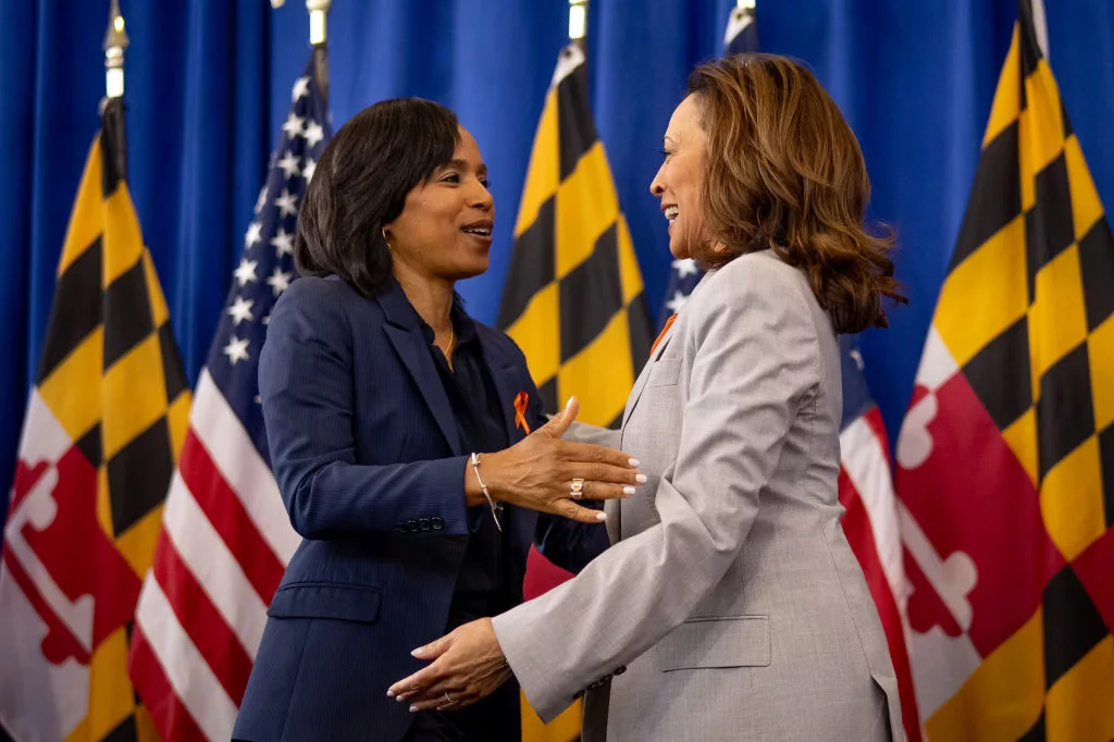 LANDOVER, MARYLAND - JUNE 7: U.S. Vice President Kamala Harris joins Maryland Democratic candidate for U.S. Senate and Prince George's County Executive Angela Alsobrooks (L) on stage to speak at a campaign event on Gun Violence Awareness Day at Kentland Community Center on June 7, 2024 in Landover, Maryland. After winning a hard fought Democratic primary, Alsobrooks is challenging Larry Hogan, the popular Republican candidate who has served two terms as Maryland Governor, for U.S. Senate in Maryland. (Photo by Andrew Harnik/Getty Images)