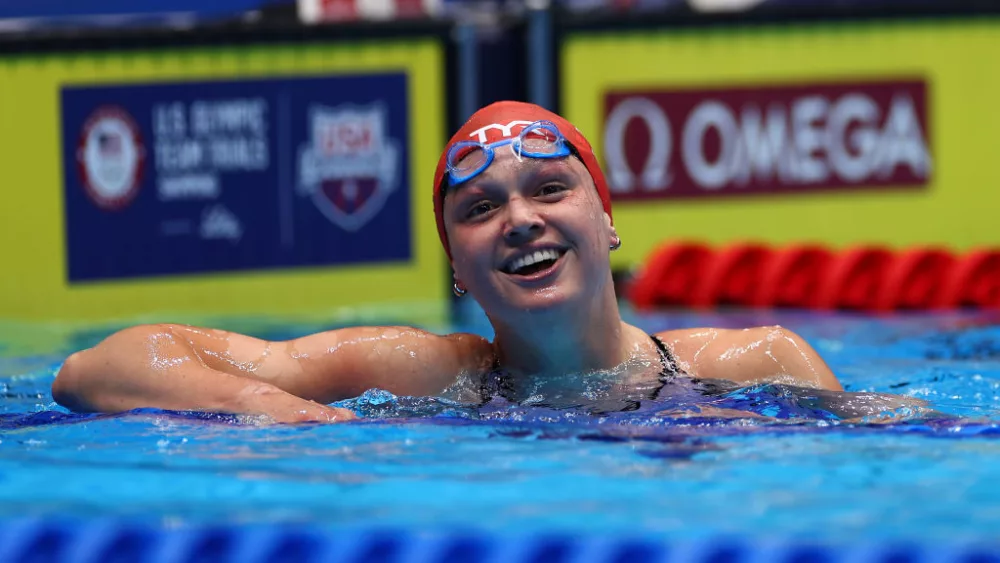 INDIANAPOLIS, INDIANA - JUNE 20: Phoebe Bacon of the United States reacts after the Women's 200m backstroke semifinal on Day Six of the 2024 U.S. Olympic Team Swimming Trials at Lucas Oil Stadium on June 20, 2024 in Indianapolis, Indiana. (Photo by Sarah Stier/Getty Images)