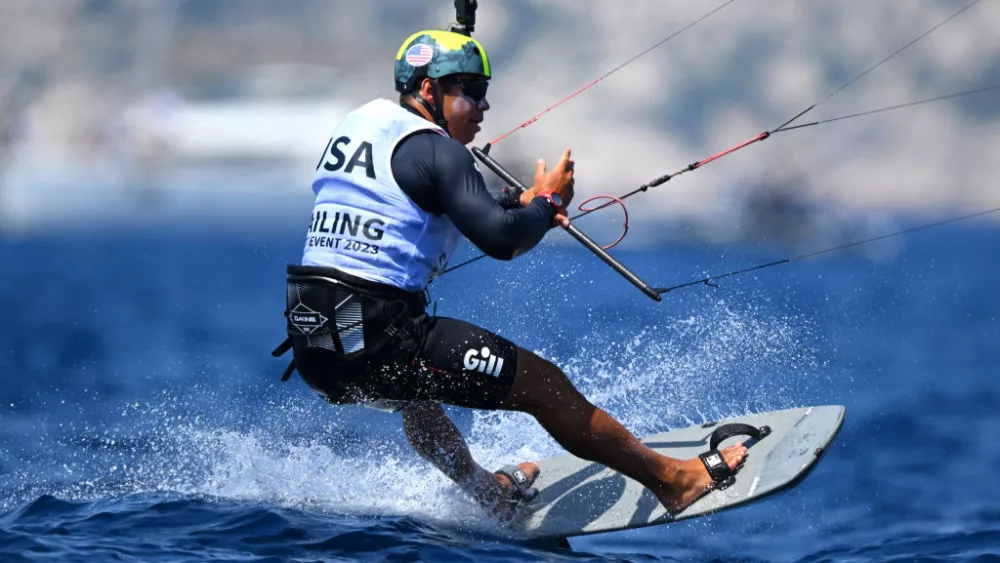 MARSEILLE, FRANCE - JULY 09: Markus Edegran of United States competes in the Men's Kite race during day one of the Paris 2024 Sailing Test Event at Marseille Marina on July 09, 2023 in Marseille, France. (Photo by Clive Mason/Getty Images)