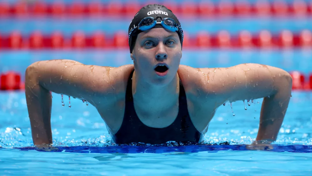 INDIANAPOLIS, INDIANA - JUNE 22: Erin Gemmell of the United States looks on after a preliminary heat of the Women's 50m freestyle on Day Eight of the 2024 U.S. Olympic Team Swimming Trials at Lucas Oil Stadium on June 22, 2024 in Indianapolis, Indiana. (Photo by Sarah Stier/Getty Images)