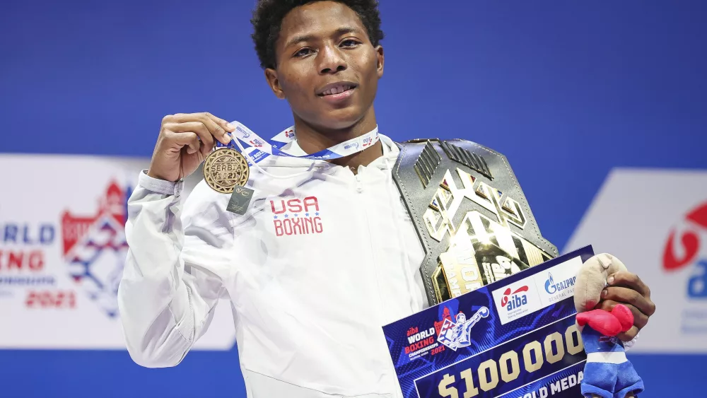 BELGRADE, SERBIA - NOVEMBER 06: Gold medal winner Jahmal Harvey of USA holds up medal during the Victory Ceremony for the Featherweight (57kg) at the AIBA World Boxing Championships at Stark Arena on November 06, 2021 in Belgrade, Serbia. (Photo by Srdjan Stevanovic/Getty Images)