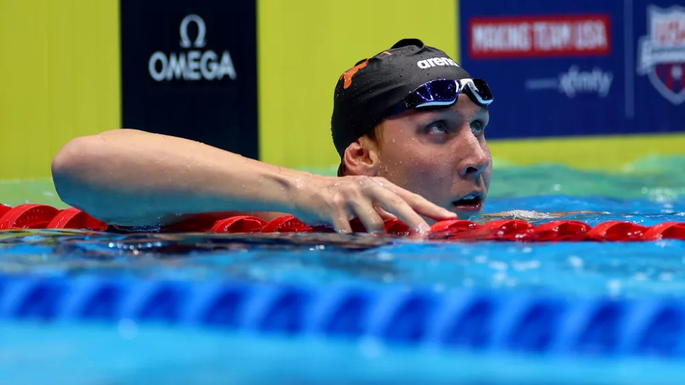 INDIANAPOLIS, INDIANA - JUNE 20: Chase Kalisz of the United States reacts after the Men's 200m individual medley on Day Six of the 2024 U.S. Olympic Team Swimming Trials at Lucas Oil Stadium on June 20, 2024 in Indianapolis, Indiana. (Photo by Maddie Meyer/Getty Images)