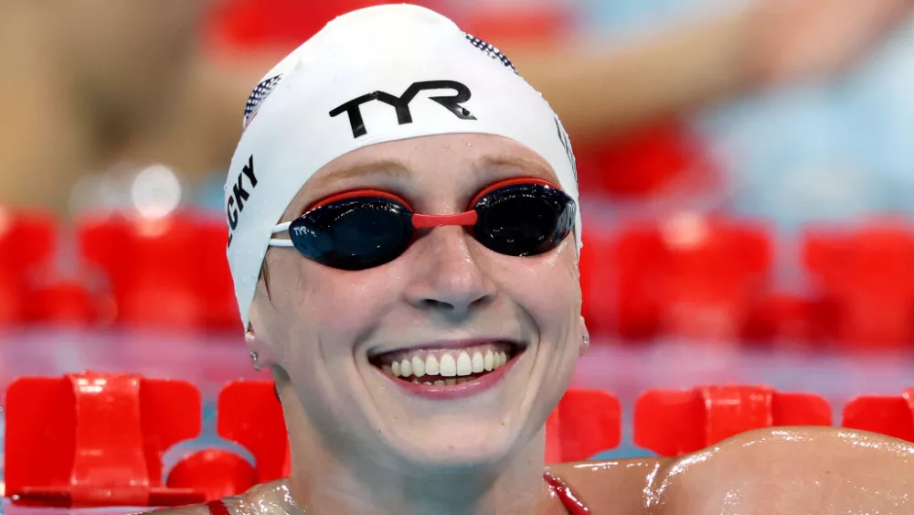 PARIS, FRANCE - JULY 23: Katie Ledecky of Team USA looks on during a training session in the competition pool at Paris La Defense Arena ahead of the Paris 2024 Olympic Games on July 23, 2024 in Paris, France. (Photo by Al Bello/Getty Images)