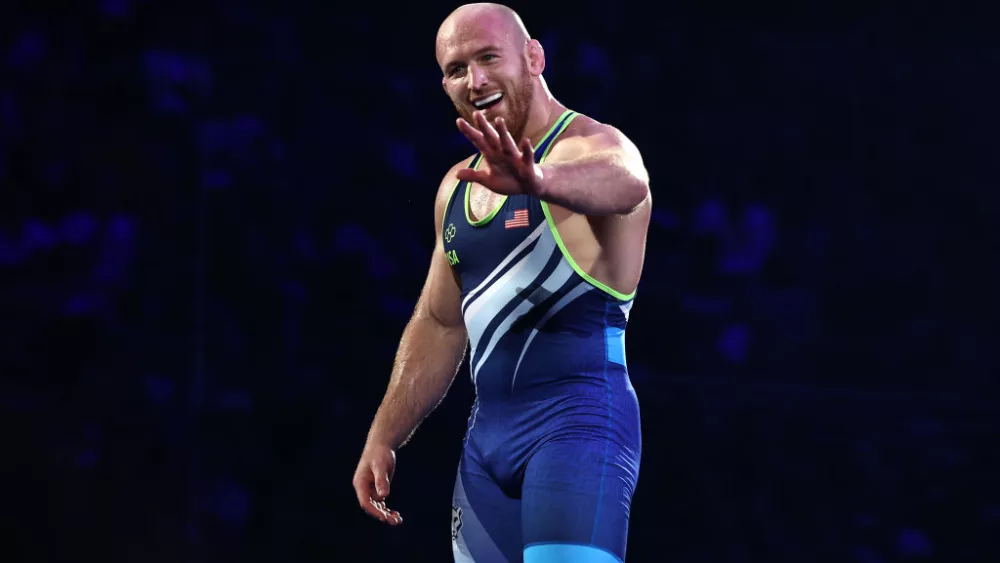 STATE COLLEGE, PENNSYLVANIA - APRIL 20: Kyle Snyder reacts after defeating Isaac Trumble to win the men's freestyle 97-KG division final during the US Olympic Wrestling Trials held at the Bryce Jordan Center on April 20, 2024 in State College, Pennsylvania. (Photo by Tim Nwachukwu/Getty Images)