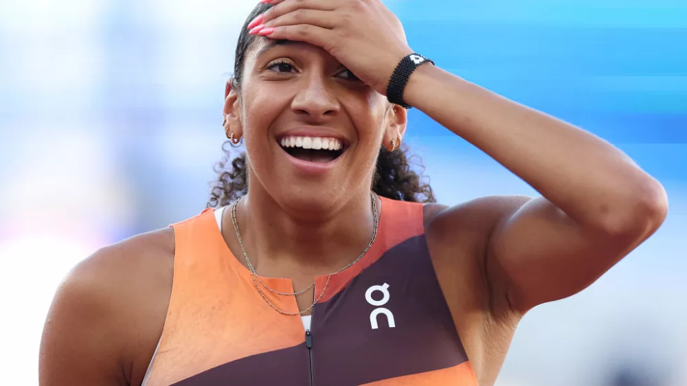 EUGENE, OREGON - JUNE 24: Juliette Whittaker reacts in the women's 800 meter final on Day Four of the 2024 U.S. Olympic Team Track & Field Trials at Hayward Field on June 24, 2024 in Eugene, Oregon. (Photo by Patrick Smith/Getty Images)