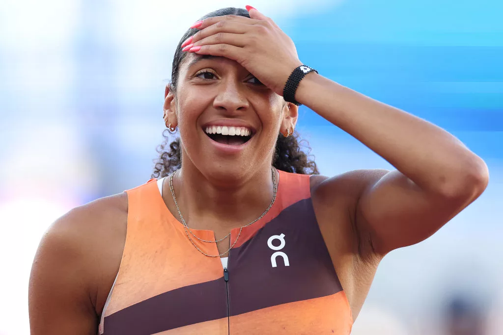 EUGENE, OREGON - JUNE 24: Juliette Whittaker reacts in the women's 800 meter final on Day Four of the 2024 U.S. Olympic Team Track & Field Trials at Hayward Field on June 24, 2024 in Eugene, Oregon. (Photo by Patrick Smith/Getty Images)