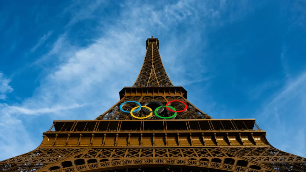 PARIS, FRANCE - JULY 20: A general view of the Eiffel Tower at as the Olympic Rings are displayed during previews ahead of the Paris 2024 Olympic Gameson July 20, 2024 in Paris, France. (Photo by David Ramos/Getty Images)