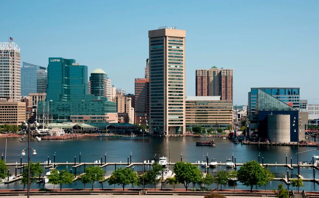 Baltimore, Maryland Inner Harbor skyline. (Photo by: Robert Knopes/Education Images/Universal Images Group via Getty Images)