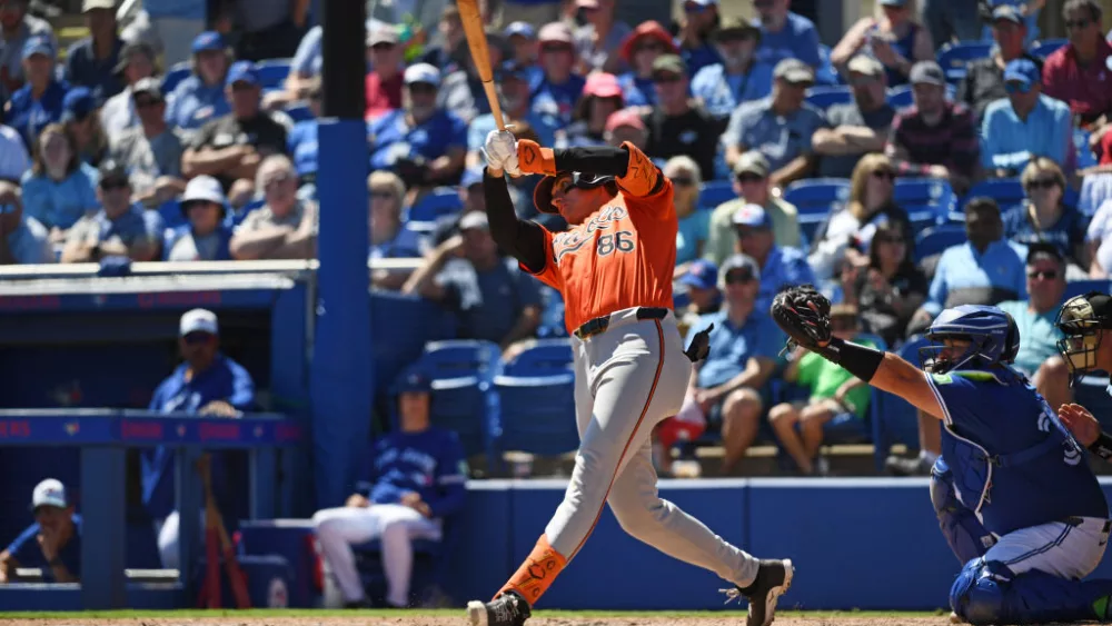 DUNEDIN, FLORIDA - MARCH 19, 2024: Coby Mayo #86 of the Baltimore Orioles bats during the fifth inning of a spring training game against the Toronto Blue Jays at TD Ballpark on March 19, 2024 in Dunedin, Florida. (Photo by George Kubas/Diamond Images via Getty Images)