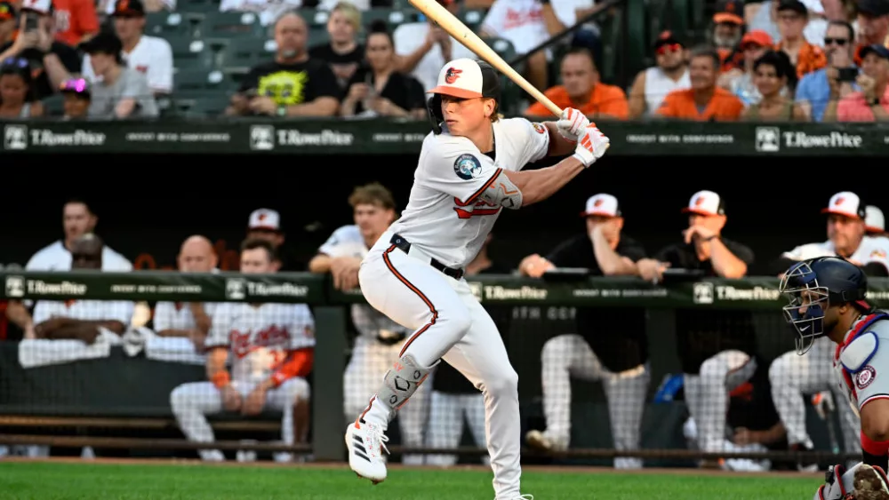 BALTIMORE, MARYLAND - AUGUST 13, 2024: Jackson Holliday #7 of the Baltimore Orioles at bat during the bottom of the second inning of an interleague game against the Washington Nationals at Oriole Park on August 13, 2024 in Baltimore, Maryland. The Nationals beat the Orioles, 9-3. (Photo by Diamond Images via Getty Images)