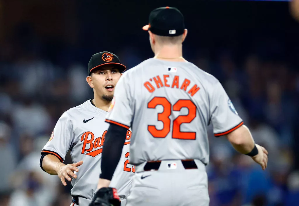 Ramón Urías #29 and Ryan O'Hearn #32 of the Baltimore Orioles