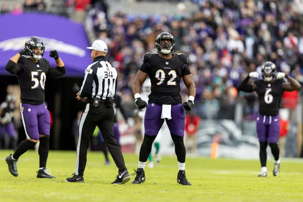 BALTIMORE, MARYLAND - DECEMBER 31: Justin Madubuike #92 of the Baltimore Ravens reacts during an NFL football game between the Baltimore Ravens and the Miami Dolphins at M&T Bank Stadium on December 31, 2023 in Baltimore, Maryland. (Photo by Michael Owens/Getty Images)