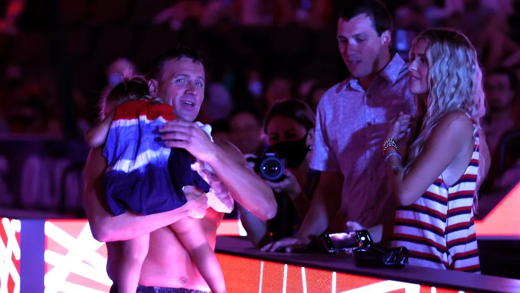 OMAHA, NEBRASKA - JUNE 18: Ryan Lochte of the United States reacts with his family after competing in the Men's 200m individual medley final during Day Six of the 2021 U.S. Olympic Team Swimming Trials at CHI Health Center on June 18, 2021 in Omaha, Nebraska. (Photo by Tom Pennington/Getty Images)